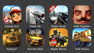 Subway Surfers, Sniper 3D, Sniper Honor, Hello Neighbor, Payback 2, Taxi Sim 2020, Mighty Micros...