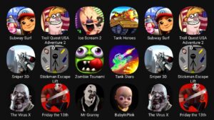 Subway Surf, Troll Quest USA Adventure 2, Ice Scream 2, Sniper 3D, Stickman Escape Lift, Zombie....