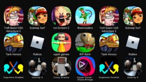 Troll Quest USA Adventure 2, Subway Surf, Ice Scream 2, Bowmasters, Tank Heroes, Roblox Squid Game..