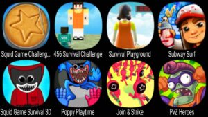 Squid Game Challenge 3D, 456 Survival Challenge, Survival Playground, Subway Surf, Poppy Playtime,