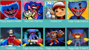 Poppy Playtime Mobies,Grab Pack Playtime,Subway Surfers,Huggy Wuggy Poppy,FiveNights,Poppy Smashers,