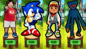 Tag with Ryan vs Sonic Dash vs Subway Surfers World Tour vs Huggy Wuggy Monster Run 3D - Gameplay