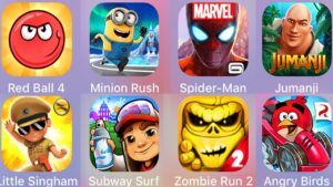 Jumanji,SpiderMan Unlimited,Minion Rush,Red Ball 4,Little Singham,Subway Surf,Zombie Run,Angry Birds
