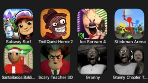 Subway Surf, Troll Quest Horror 2, Ice Scream 4, Stickman Arena, Santa Basics, Scary Teacher 3D...