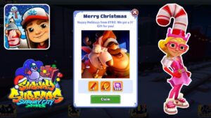 Merry Christmas Elf Tricky Candy Outfit and Wrapped Hoverboard on Subway Surfers Subway City Xmas