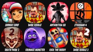 Subway Surf, Dark Riddle, Antarctica 88, Stickman, Jailbreak 4, Death Park 2, Grimace...