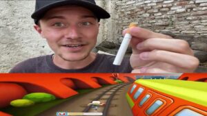 Smoking a Cigarette While Subway Surfers Plays in the Bottom of the Screen