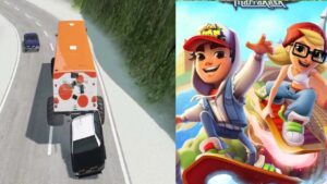 Subway Surfers Run || Car Game BeamNG.drive || Modify bus Monster Tire || Mobile Pc Game Play USA 1